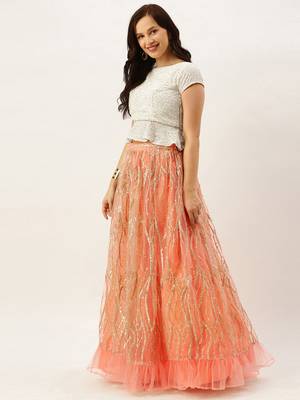 EthnoVogue Made To Measure Off White Embroidered N Pink Gathered Lehenga Set 2