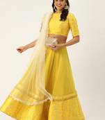 EthnoVogue Made To Measure Yellow N White Boat Neck Lehenga Set