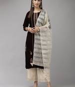 Indo Era Maroon Velvet Embroidered Straight Kurta Palazzo With Dupatta Set