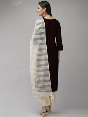 Indo Era Maroon Velvet Embroidered Straight Kurta Palazzo With Dupatta Set 2