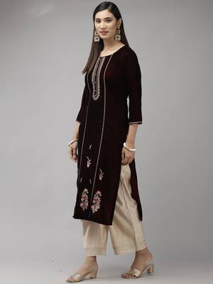 Indo Era Maroon Velvet Embroidered Straight Kurta Palazzo With Dupatta Set 3
