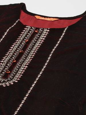 Indo Era Maroon Velvet Embroidered Straight Kurta Palazzo With Dupatta Set 5
