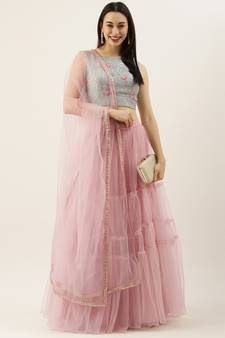 EthnoVogue Made To Measure Blue Chinon Embroidered N Pink Tiered Lehenga Set