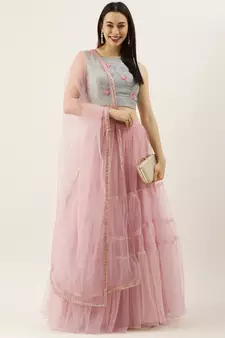 EthnoVogue Made To Measure Blue Chinon Embroidered N Pink Tiered Lehenga Set