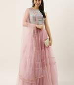 EthnoVogue Made To Measure Blue Chinon Embroidered N Pink Tiered Lehenga Set