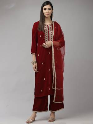 Indo Era Red Velvet Embroidered Straight Kurta Palazzo With Dupatta Set 1