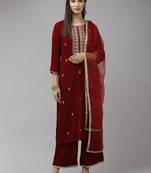 Indo Era Red Velvet Embroidered Straight Kurta Palazzo With Dupatta Set