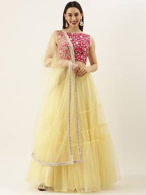 EthnoVogue Made To Measure Pink Chinon Embroidered N Yellow Tiered Lehenga Set 1