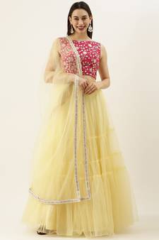 EthnoVogue Made To Measure Pink Chinon Embroidered N Yellow Tiered Lehenga Set