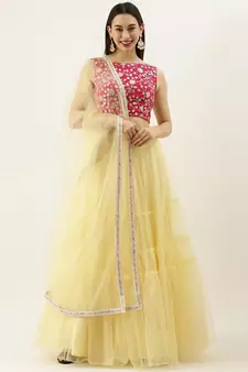 EthnoVogue Made To Measure Pink Chinon Embroidered N Yellow Tiered Lehenga Set
