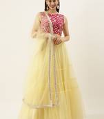 EthnoVogue Made To Measure Pink Chinon Embroidered N Yellow Tiered Lehenga Set