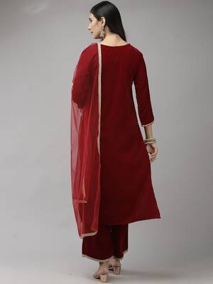 Indo Era Red Velvet Embroidered Straight Kurta Palazzo With Dupatta Set 2
