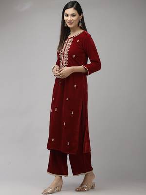 Indo Era Red Velvet Embroidered Straight Kurta Palazzo With Dupatta Set 3