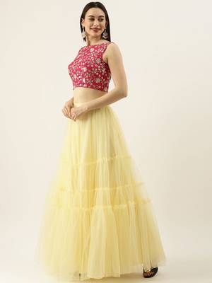 EthnoVogue Made To Measure Pink Chinon Embroidered N Yellow Tiered Lehenga Set 2