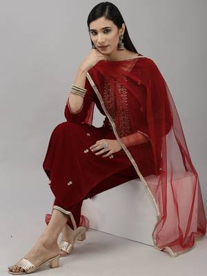 Indo Era Red Velvet Embroidered Straight Kurta Palazzo With Dupatta Set 4