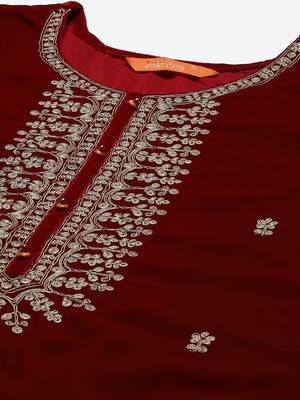 Indo Era Red Velvet Embroidered Straight Kurta Palazzo With Dupatta Set 5