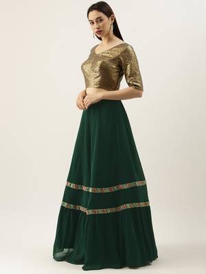 EthnoVogue Made To Measure Green N Brown Sequins Tired Lehenga Set 2