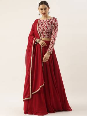 EthnoVogue Made To Measure Maroon Georgette Embroidered Boat Neck Lehenga Set 1