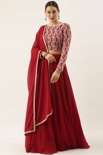 EthnoVogue Made To Measure Maroon Georgette Embroidered Boat Neck Lehenga Set