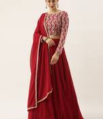 EthnoVogue Made To Measure Maroon Georgette Embroidered Boat Neck Lehenga Set