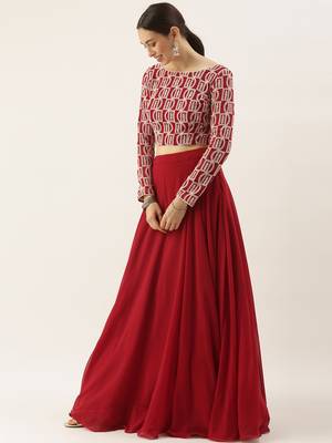 EthnoVogue Made To Measure Maroon Georgette Embroidered Boat Neck Lehenga Set 2