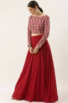 EthnoVogue Made To Measure Maroon Georgette Embroidered Boat Neck Lehenga Set