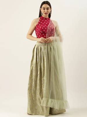 EthnoVogue Made To Measure Pink N Green Box Pleat Lehenga Set 1