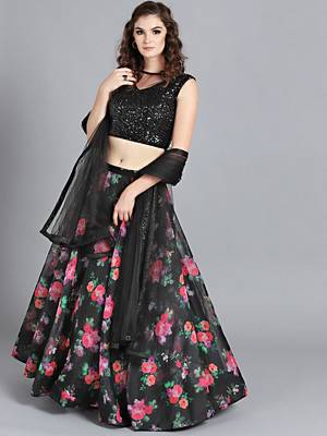 EthnoVogue Made To Measure Plunge Black Printed Organza Lehenga Set 1
