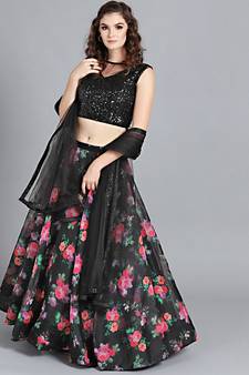 EthnoVogue Made To Measure Plunge Black Printed Organza Lehenga Set