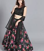 EthnoVogue Made To Measure Plunge Black Printed Organza Lehenga Set