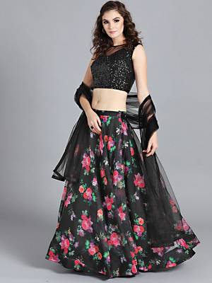 EthnoVogue Made To Measure Plunge Black Printed Organza Lehenga Set 2