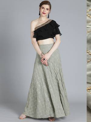 EthnoVogue Made To Measure Grey Embroidered N Black Crop Top N Skirt 1