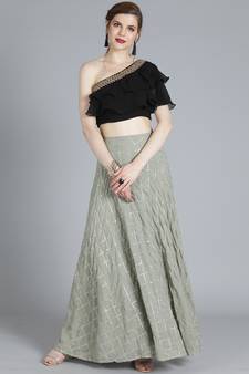 EthnoVogue Made To Measure Grey Embroidered N Black Crop Top N Skirt