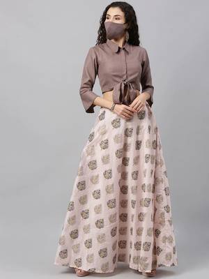 EthnoVogue Made To Measure Pink N Brown Shirt Style Crop Top N Skirt Set 1