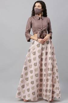 EthnoVogue Made To Measure Pink N Brown Shirt Style Crop Top N Skirt Set