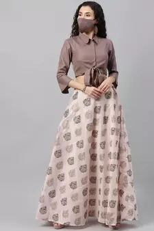 EthnoVogue Made To Measure Pink N Brown Shirt Style Crop Top N Skirt Set