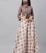 EthnoVogue Made To Measure Pink N Brown Shirt Style Crop Top N Skirt Set