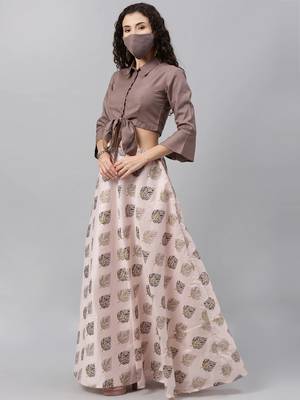 EthnoVogue Made To Measure Pink N Brown Shirt Style Crop Top N Skirt Set 2