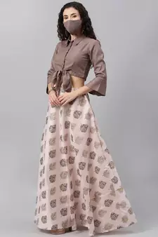 EthnoVogue Made To Measure Pink N Brown Shirt Style Crop Top N Skirt Set