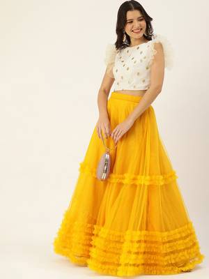 EthnoVogue Made To Measure Yellow N White Embroidered Skirt Set 1
