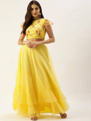 EthnoVogue Made To Measure Yellow Embroidered Crop Top N Skirt Set 1