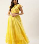 EthnoVogue Made To Measure Yellow Embroidered Crop Top N Skirt Set