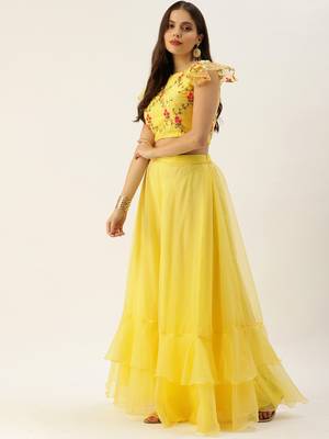 EthnoVogue Made To Measure Yellow Embroidered Crop Top N Skirt Set 2