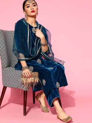 Indo Era Blue Velvet Embroidered Straight Kurta Trouser With Dupatta Set 1