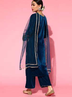 Indo Era Blue Velvet Embroidered Straight Kurta Trouser With Dupatta Set 2