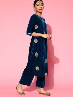 Indo Era Blue Velvet Embroidered Straight Kurta Trouser With Dupatta Set 3
