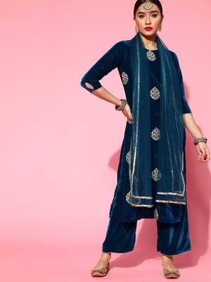 Indo Era Blue Velvet Embroidered Straight Kurta Trouser With Dupatta Set 4
