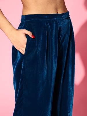 Indo Era Blue Velvet Embroidered Straight Kurta Trouser With Dupatta Set 5