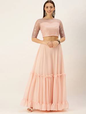 EthnoVogue Made To Measure Pink N Peach Embroidered Crop Top N Skirt 1