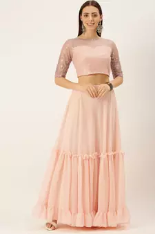 EthnoVogue Made To Measure Pink N Peach Embroidered Crop Top N Skirt